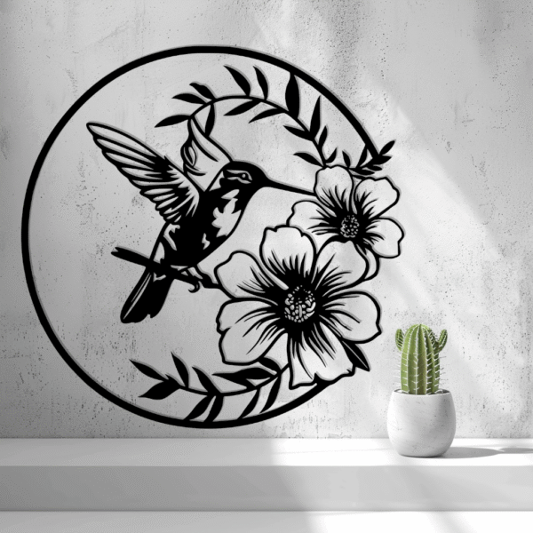2D Hummingbird with Flowers Wall Art